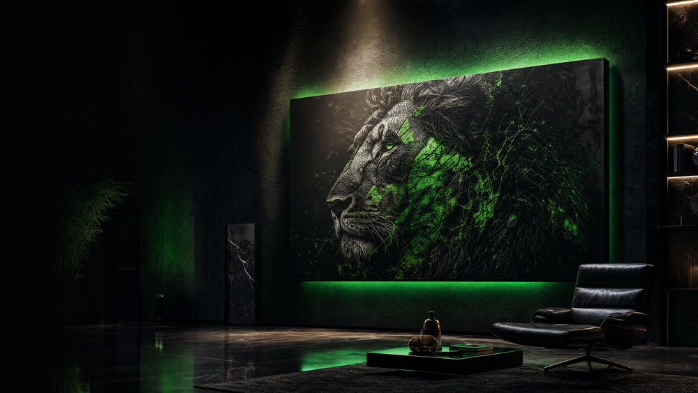 Lion artwork canvas wall art with green and dark tones in a luxury room setting