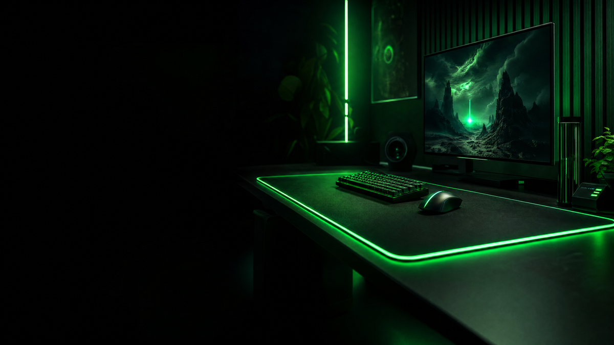 Gaming desk setup with green LED lighting, desk mat, keyboard and mouse