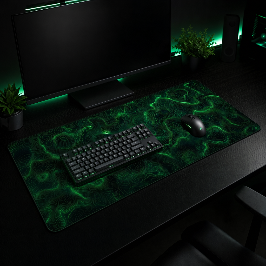 Premium Topographic desk mat XL on a dark battle-station desk with keyboard and mouse