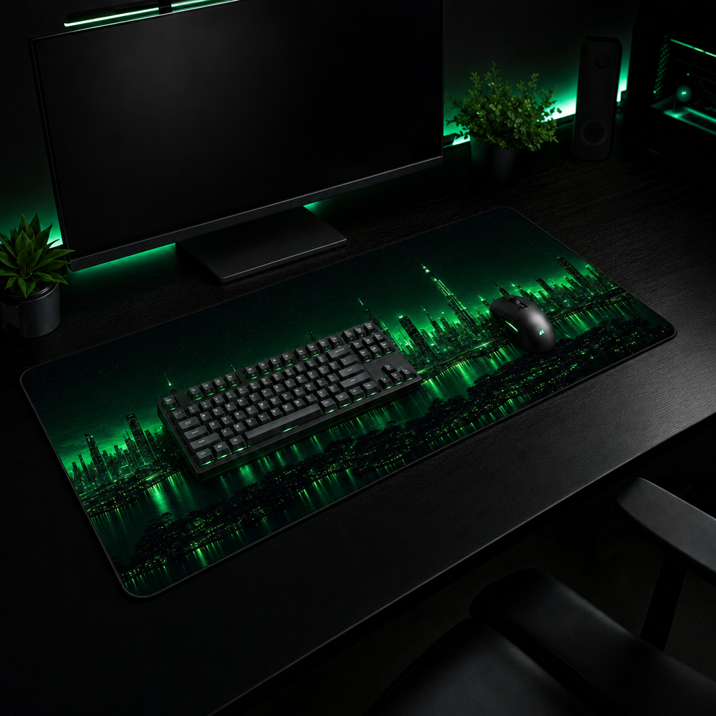 Premium Neon City desk mat XL on a dark battle-station desk with keyboard and mouse