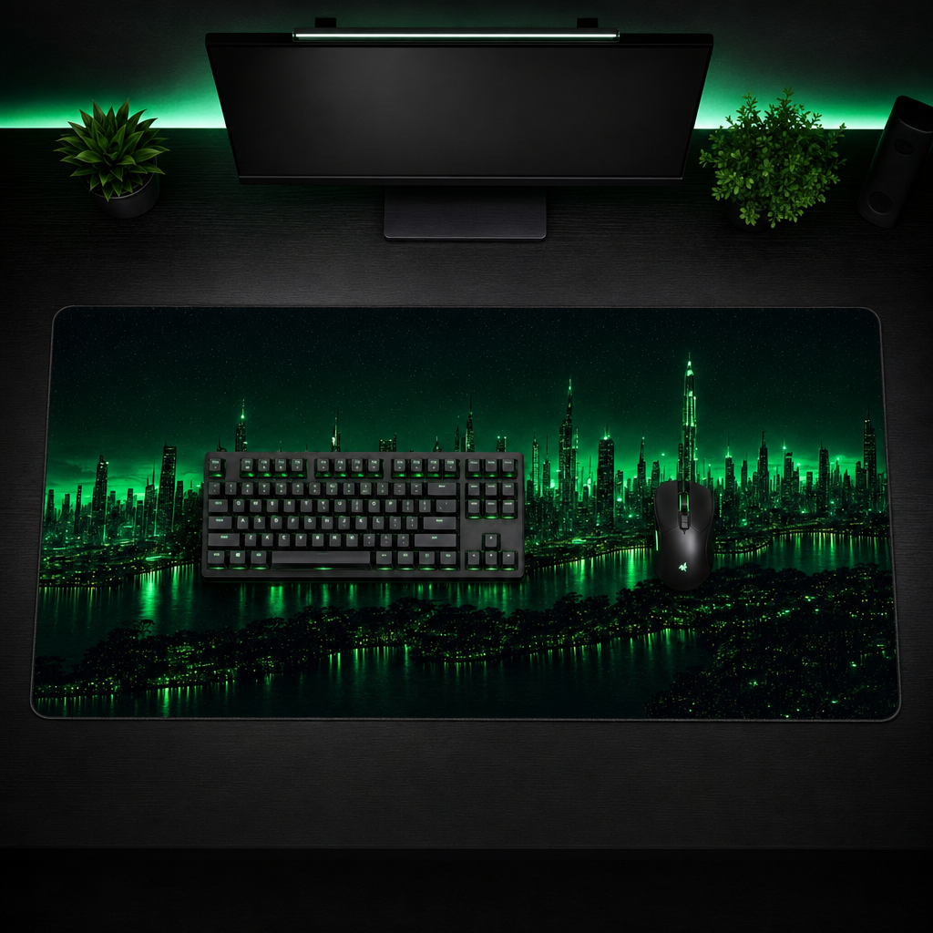 Top-down view of the Neon City XL desk mat, 80 x 39 cm, with full-size keyboard and mouse