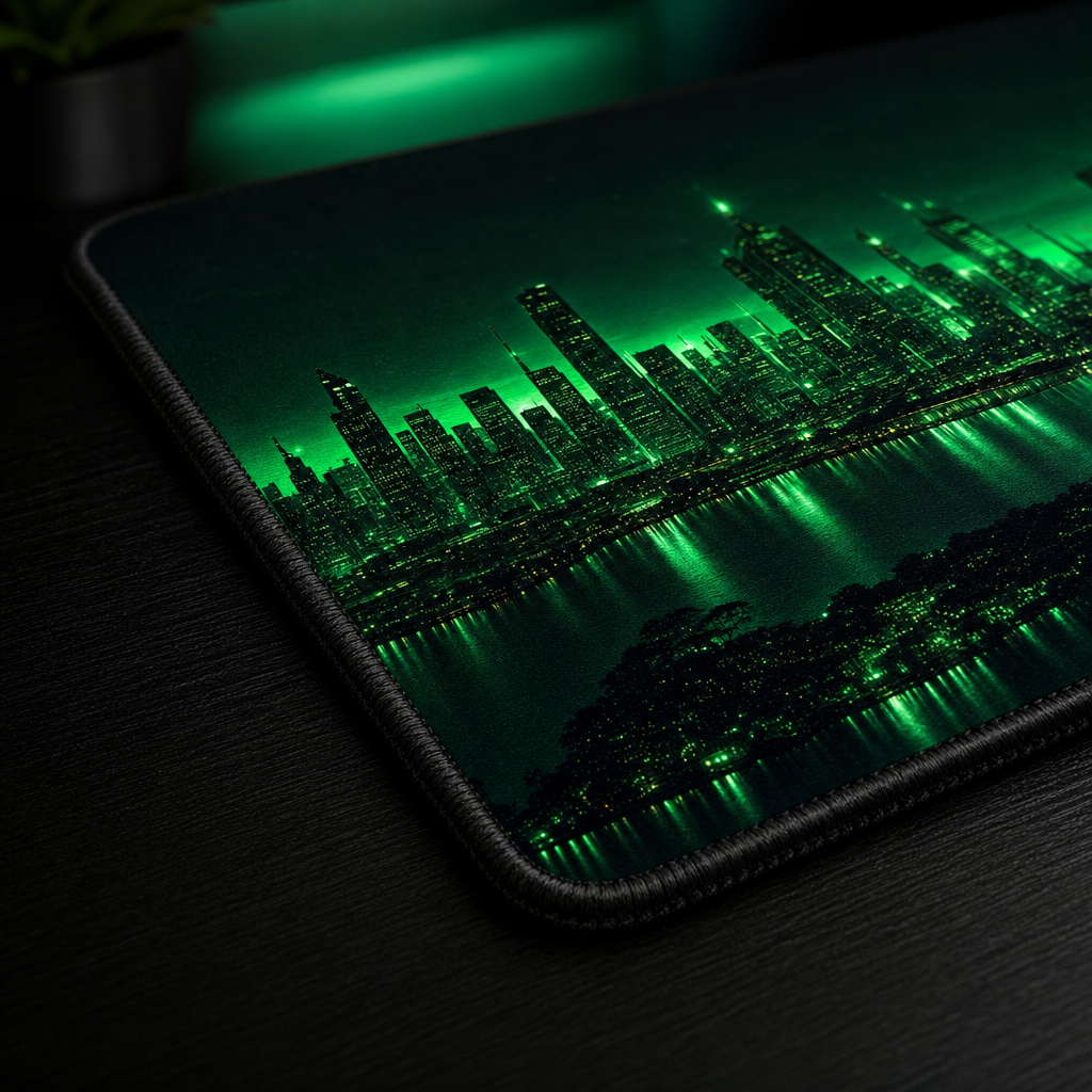 Close-up of the Neon City desk mat's anti-fray stitched edge and surface detail