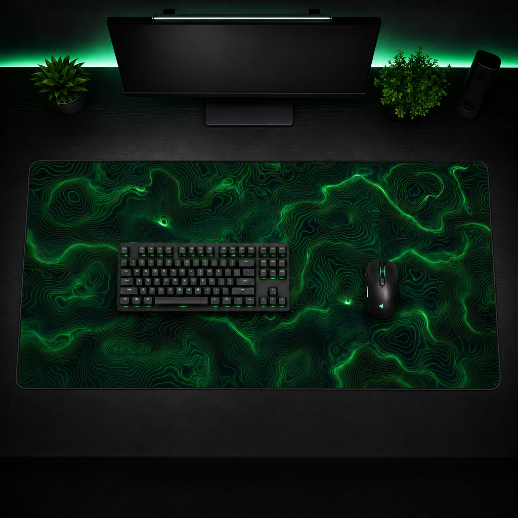 Top-down view of the Topographic XL desk mat, 80 x 39 cm, with full-size keyboard and mouse