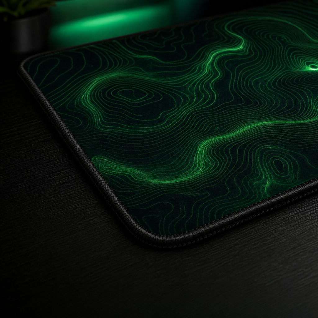 Close-up of the Topographic desk mat's anti-fray stitched edge and surface detail
