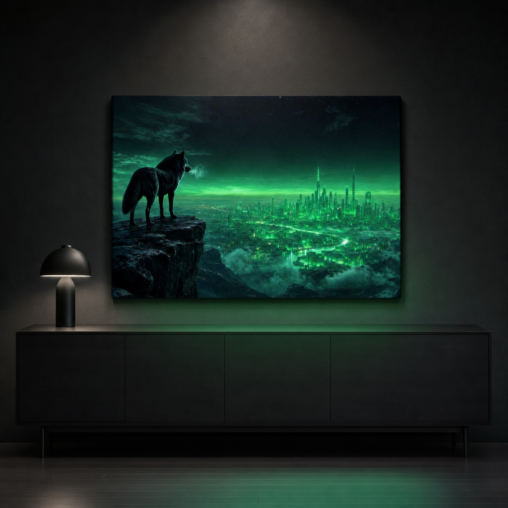 SOVEREIGN gallery canvas, 100 x 70 cm, hanging above a sideboard at true scale